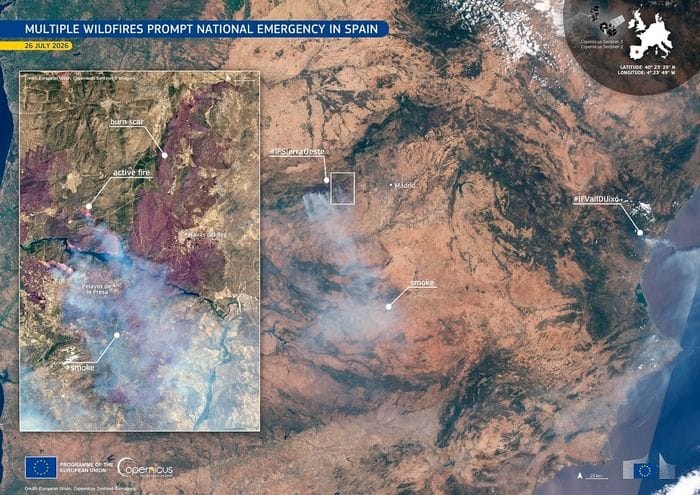 Gli incendi in Spagna e in Francia visti dai satelliti europei di Copernicus