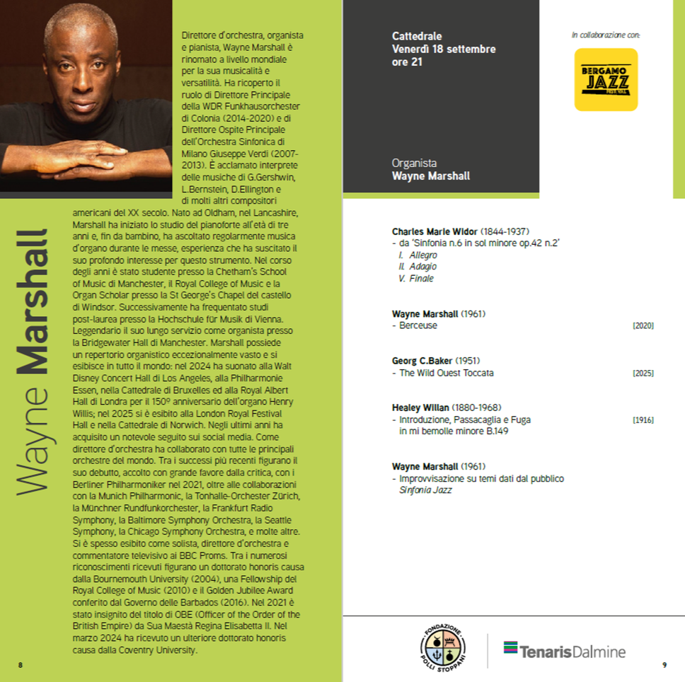 Wayne Marshall apre il Festival organistico «Città di Bergamo», il 18 settembre in Cattedrale