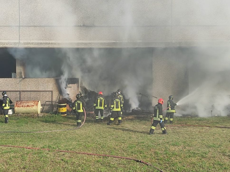 Villongo, incendio in un deposito agricolo: alta colonna di fumo - Foto